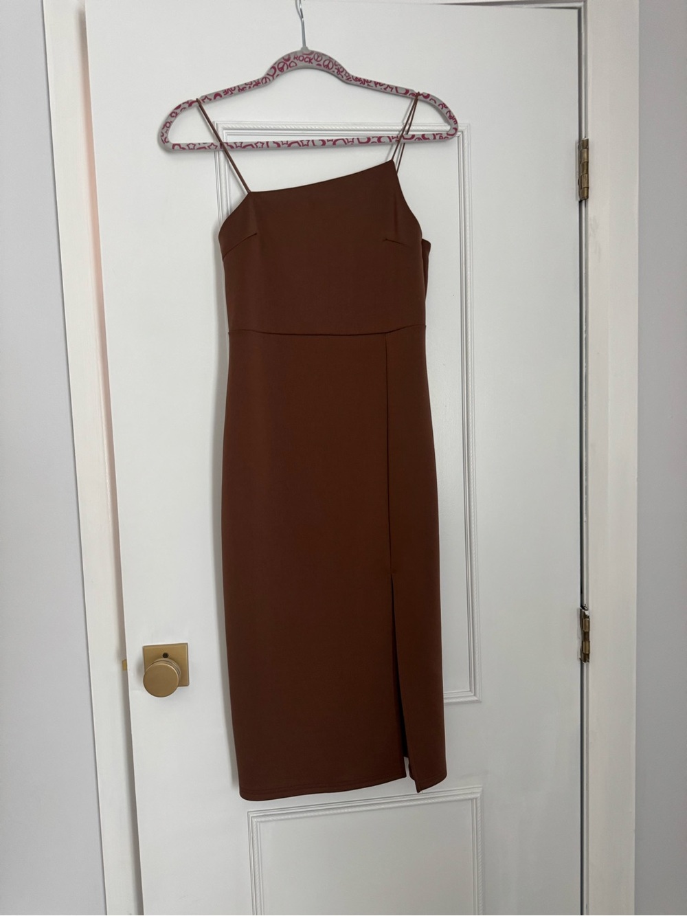 Asymmetric Neck Brown Midi Dress
